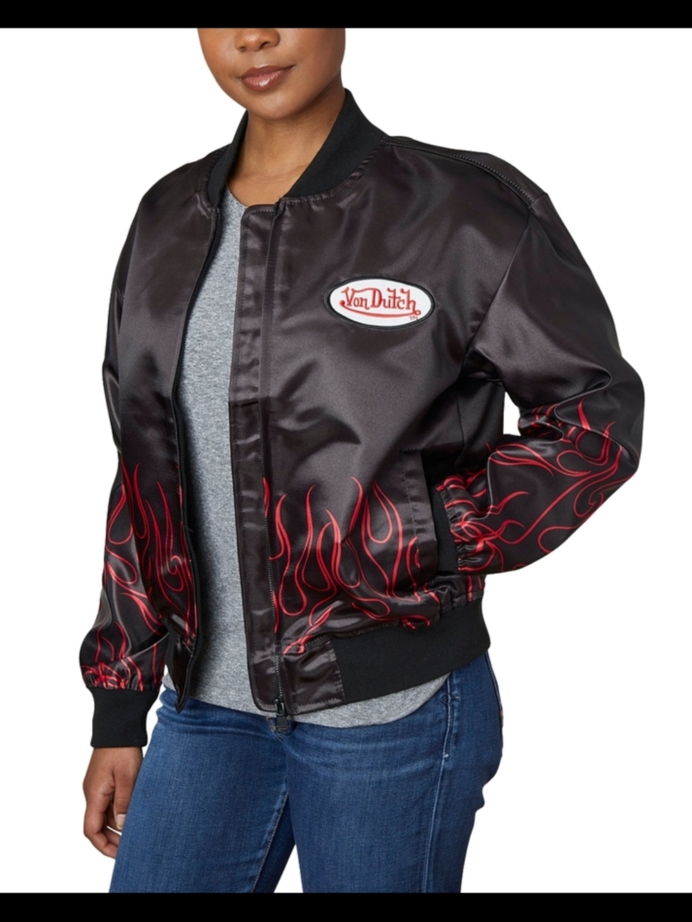 Von Dutch Black Satin Bomber Jacket with Red Flame Sleeves